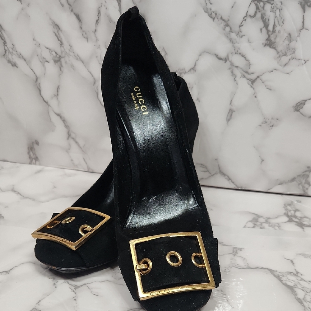 Gucci Black Suede Leather Chunky Heels with Gold Buckle #323517 Size 39 1/2